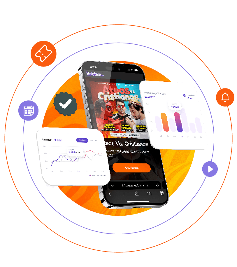 Vista de los assets de Boletera flotando — ticket cover, IG story, hero banner y reportes